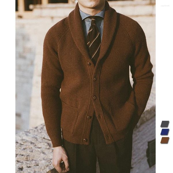 Gilet da uomo Giacca in maglione di lana Cardigan con collo a scialle da uomo Cappotto in maglia lavorato a maglia vintage Cappotto invernale termico spesso britannico classico Amekaji