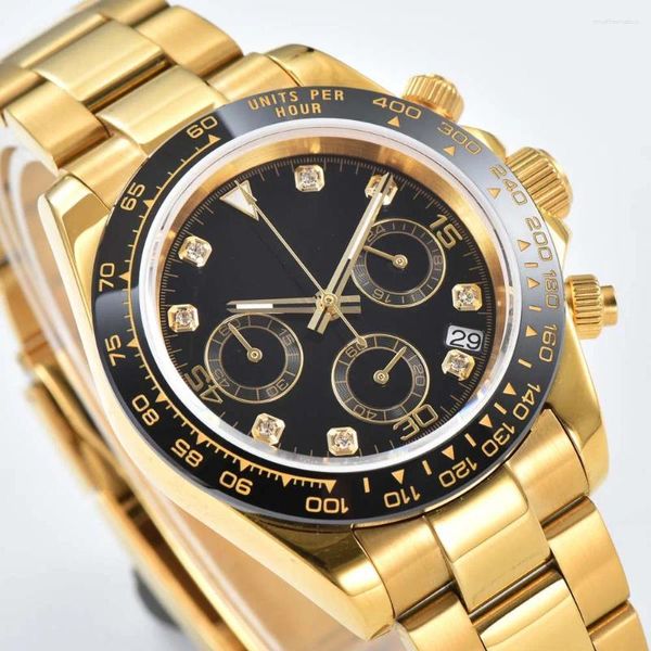 Armbanduhren Luxuriöse, atmosphärische Herrenuhr Vk63, Quarzwerk, 316L vergoldet, mit Diamant-Zifferblatt, Saphirglas
