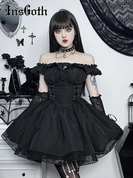 Vestidos casuais insgoth gótico drapeado bodycon vestido feminino lolita mini vintage punk babados puff manga uma linha balanço curto goth