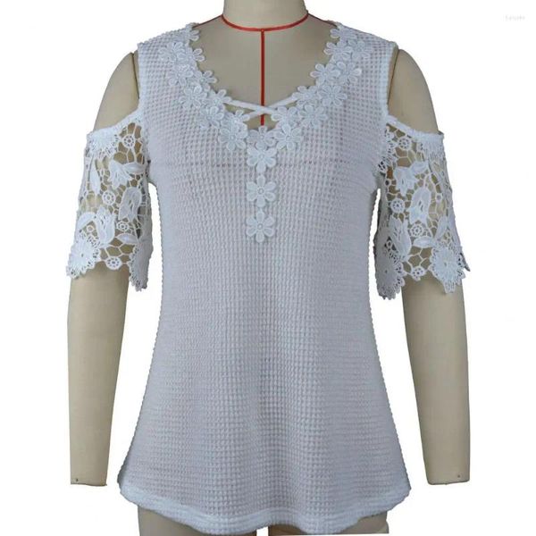 Blusas femininas chique blusa de verão renda cor sólida camiseta feminina apliques de flores