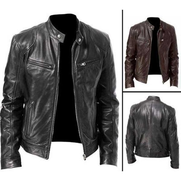 Herbst Winter Jacke Männer Mäntel Stehkragen Zipper Schwarz Motor Biker Motorrad Leder