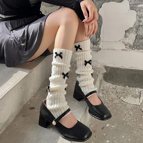 Meias femininas laço japonês jk malha perna lã pilha mais quente y2k punk harajuku capa coreano