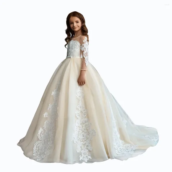 Abiti da ragazza Elegante fiore maniche a 3/4 Applicazioni in pizzo Mini abito da sposa da sposa Bambini A-Line Spettacolo Abito da prima comunione