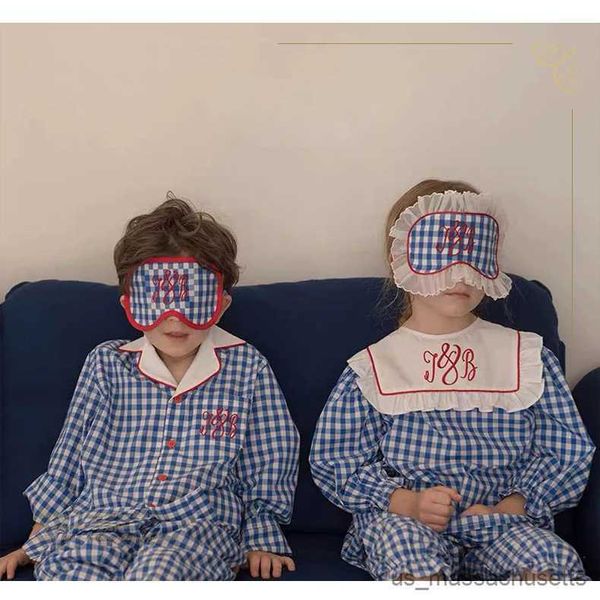 Pigiama vintage unisex per bambini con lettere ricamate e benda sugli occhi. Set pigiama scozzese da notte per bambina e ragazzo. Abbigliamento per bambini R231108