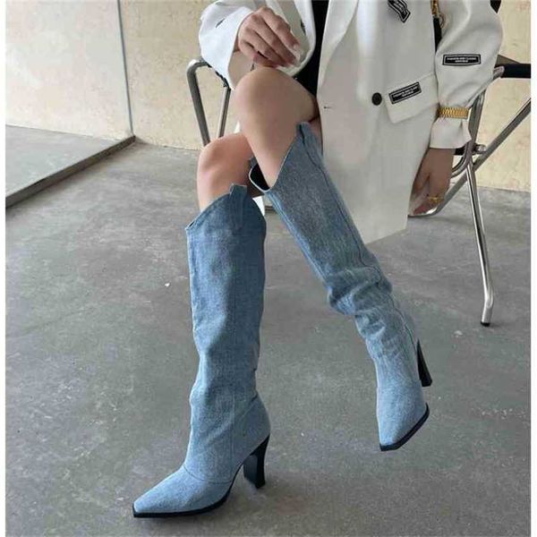 Botas botas de cowboy mulheres verão novo estilo cabeça quadrada salto grosso fino longo desgastado lavagem água ocidental tubo alto cavaleiro 220830