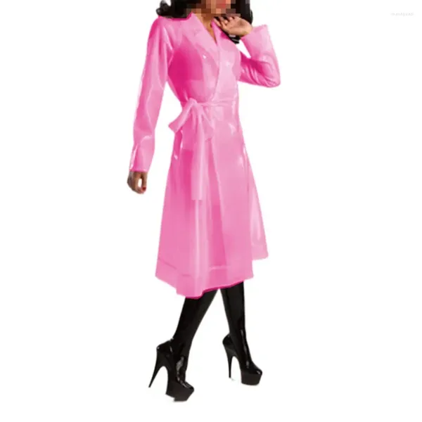 Damen Trenchcoats Frauen Kunststoff Klar PVC Umlegekragen Perspektive Jacken mit Gürtel Transparenz Kleid Regenmäntel Sexy Club Party