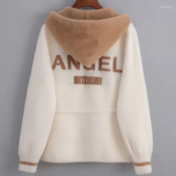 Damen-Strickjacke im koreanischen Stil mit Kapuze, Nerz-Fleece-Jacke, Damenmode, lockere Langarm-Pullover, Strickjacke, weiblich, lässig, weicher Kaschmir-Strick