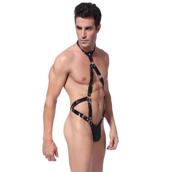 Costume sexy da uomo con tuta da gioco con rilegatura in pelle verniciata nera, imitazione sexy scavata