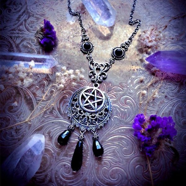 Подвесные ожерелья Черный оникющий ожерелье пентаграммы Пентакль Wiccan Jewelry Gothic Surchlacependented