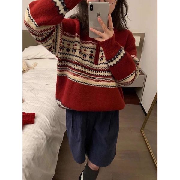 Рождественский свитерВязаный свитер женский осенне-зимний новый с длинными рукавами и половиной молнии с воротником поло красный свободный топ тренд