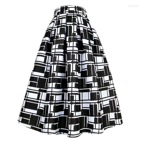 Saias 2023 verão outono coreano vintage social elegante urbano preto branco bloco xadrez cintura alta saia longa moda escritório trabalho wear