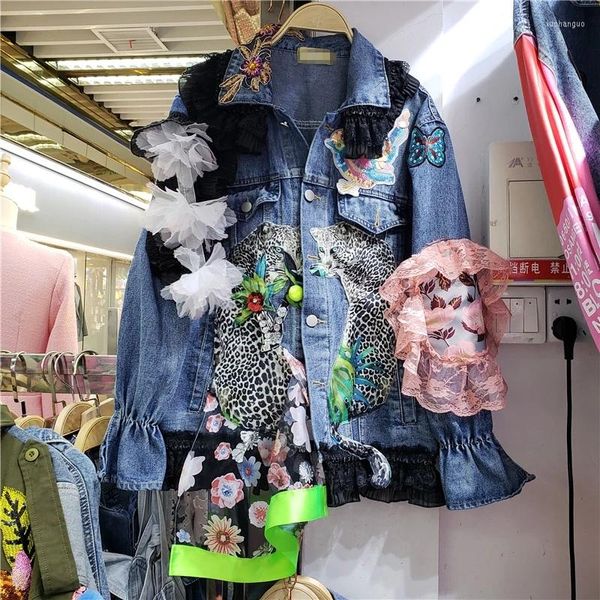 Kadın Ceketleri Moda Elmas Örgü Patchwork Pullu Çiçekler Denim Ceket 2023 Bahar Sonbahar Günlük Uzun Kollu Kot Ceket Kadınlar