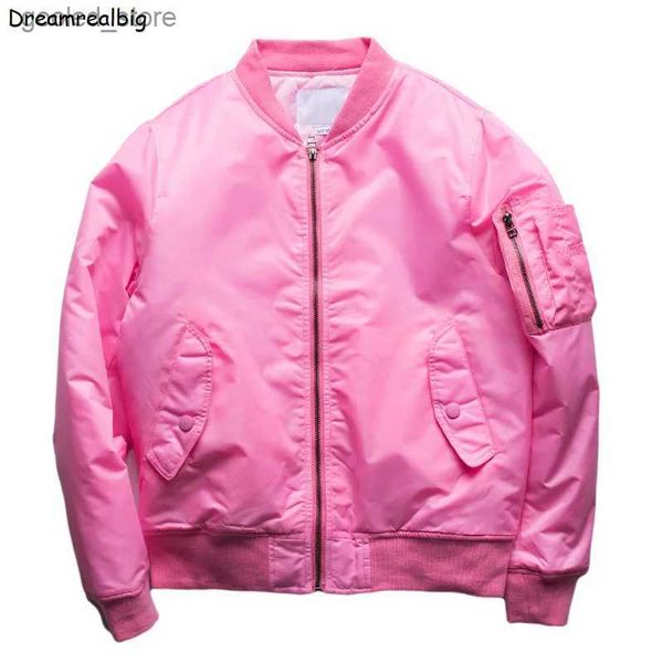 Giacche da uomo Giacca bomber rosa da uomo trapuntata / giacche sottili Tasca con cerniera sulla manica Colletto alla coreana Giacca da baseball arancione stile giapponese Q231110