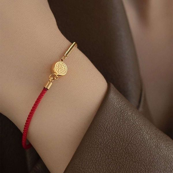 Bracciale intrecciato in corda con carattere Fu su entrambi i lati, anno primitivo, design piccolo, braccialetto da donna nuovo, leggero e semplice, rosso