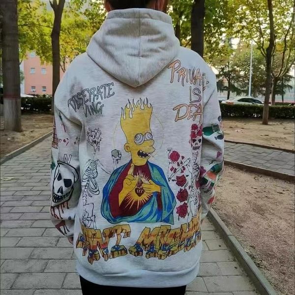 Moletons com capuz masculinos o suéter de grafite desenhado à mão de Saint Michael e feminino Simpson pronto para uso é solto com estampa floral Amantes de moletons soltos MLXL