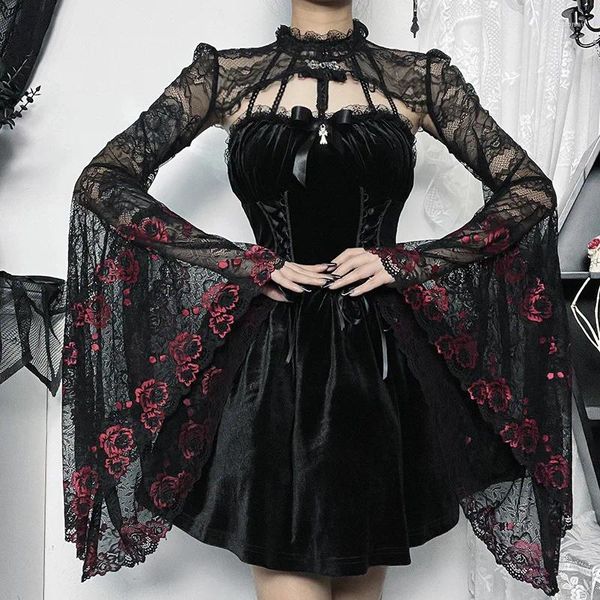 Giacche da donna Nero Rosso Motivo floreale Vedere attraverso maniche svasate in pizzo Abiti corti gotici scuri Giacca vittoriana da donna Steampunk vintage