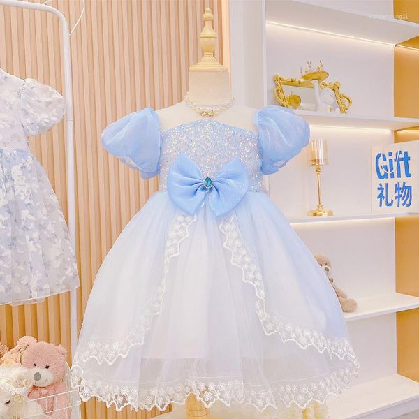 Ethnische Kleidung Fee Prinzessin Blau Pailletten Kleid Schleife Baby Mädchen 1. Geburtstagsfeier Ballkleid Brautkleider
