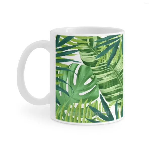 Canecas Folhas Tropicais Iii Caneca Branca 11oz Engraçado Cerâmica Café Chá Leite Copos Rainforest Planta Padrão Natureza Palm Verão Textura Água