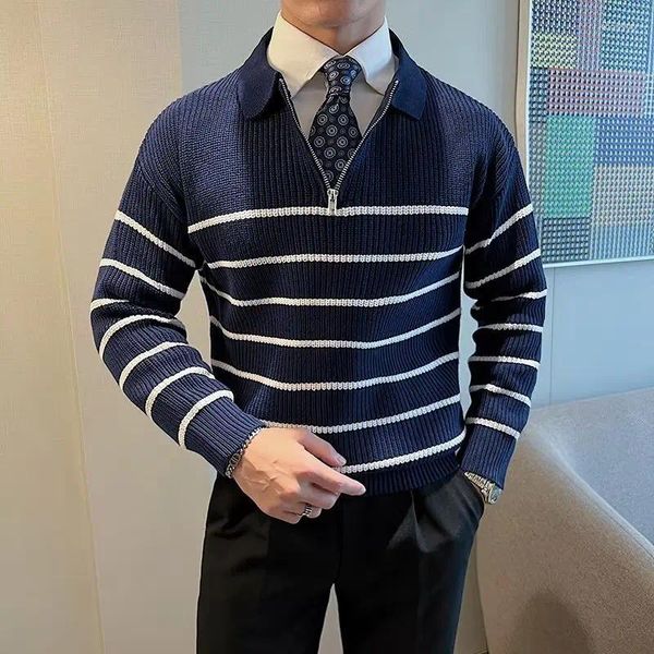 Maglioni da uomo Maglione pullover con cerniera alla moda per uomo Business Casual Felpe lavorate a maglia stampate a righe sottili con tendenza invernale