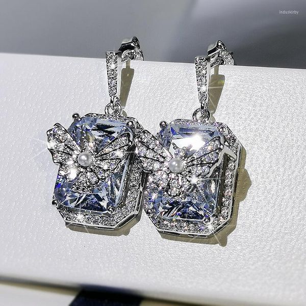 Brincos Dangle Diamond Diamond 925 Brincos de prata Mulheres punk Blue Wedding Jóias finas Jóias modernas Butterfly Gold Feather Gift Luxury