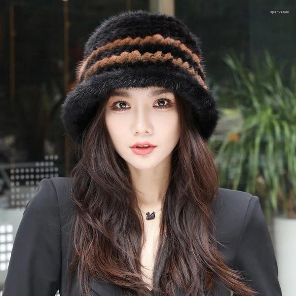 Berets Mink Chapéu Feminino Inverno 2023 Versão Coreana da Maré Pescador Moda Selvagem Top Quente Orelha Proteção Pele