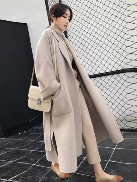 Designer-Damenmantel aus Tweed mit losen Bändern im Midi-Stil, Jacken, Wintermäntel für Damen, Jacken, Trenchcoats, koreanische Damenbekleidung