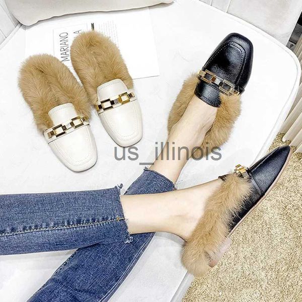 Chinelos 2022 luxo pele de coelho mulas mulher sapatos de lã inverno pelúcia chinelos de algodão femme slides macios casa aconchegante pantuflas mocassins peludos j231108