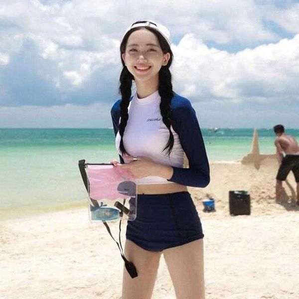 Mulheres Swimwear Maiô Mulheres Estilo Coreano Moda Split Bikini Primavera Cintura Alta Mangas Compridas