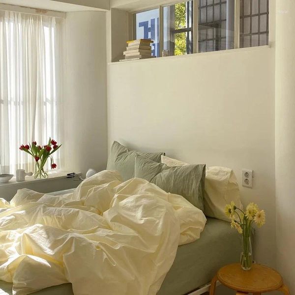 Bettwäsche-Sets im Korea-Stil, milchig gelb, Bettbezug, einfarbig, gewaschene Baumwolle, Set, einfaches Bettlaken