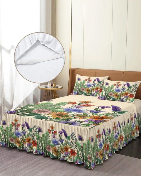 Saia de cama planta flor petúnia lavanda colcha elástica com fronhas capa de colchão conjunto de cama lençol