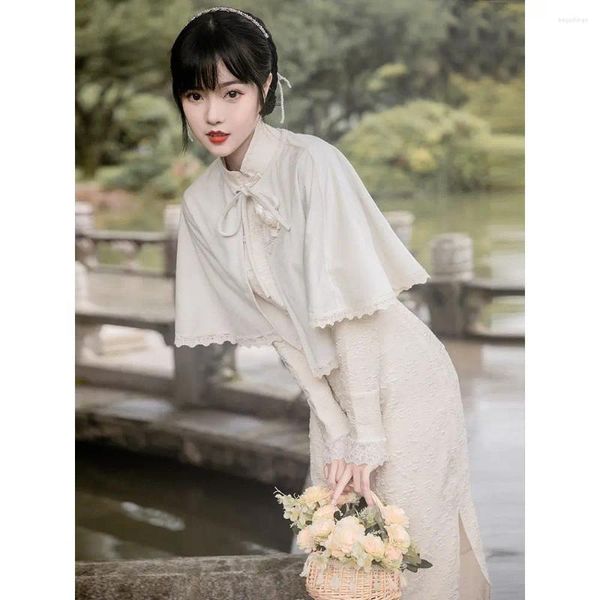 Roupas étnicas 2023 Chinês Tradicional Vestido Qipao Lady Vintage Cheongsam Oriental Evening Vestido Manga Longa Branco