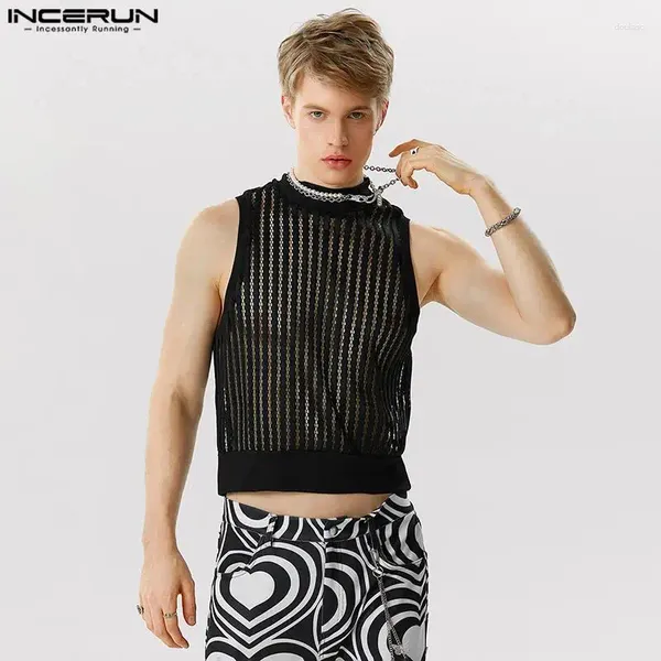 Tanques masculinos sexy moda estilo incerun bonito mens listrado malha de malha micro transparente masculino meia gola alta coletes S-5XL