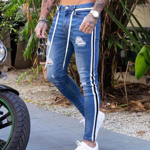 Calças de brim masculinas listras para bicicleta homens magros estiramento denim calças cintura elástica tamanho grande europeu M-3XL calças casuais sandbeach