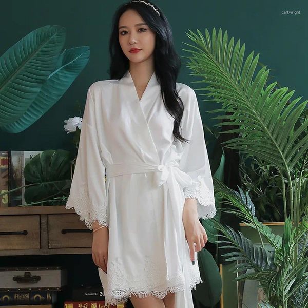 Mulheres sleepwear cetim laço quimono vestido sexy branco noiva robe mulheres verão vintage roupão v-pescoço íntimo casa vestido pijama cami lounge