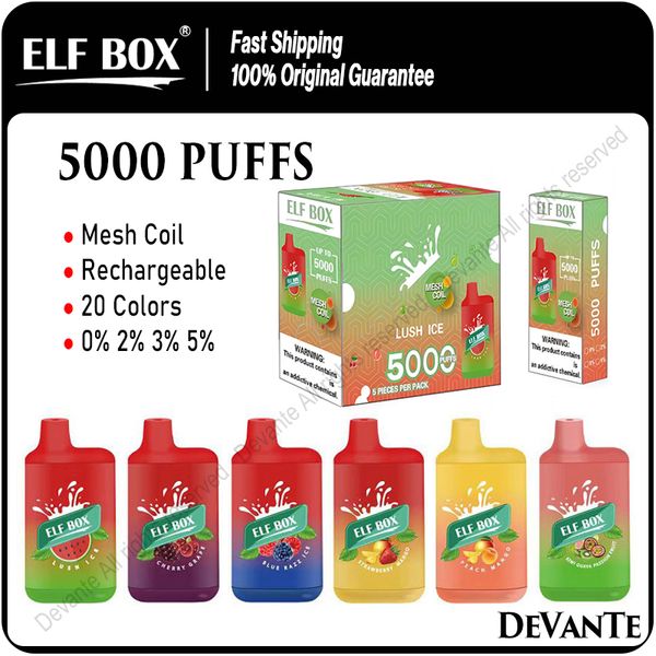 Elf Kutusu 5000 Puflar Tek Kullanımlık Vape Kit Puff BC5000 Şarj Edilebilir E Sigara Eşh Bobin Vapes Kalem Bar 12ml Pod Arabaları 0% 2% 3% 5% 20 renk