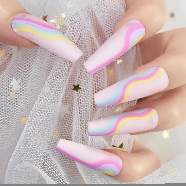 Falso unhas de bailarina extra longa prensa na linha rosa de onda colorida manicure fosca reutilizável dicas falsas