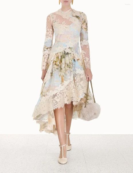 Повседневные платья Предзаказ Модная коллекция 2023 года для женщин Кружевное платье с цветочным принтом Роскошное высококачественное платье миди с длинными рукавами и неровным подолом