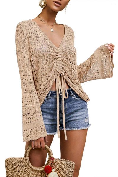 Camisetas para mujer Mujeres Crochet Top Beach Paño Camisa con cordón Cubrir Oversize Sexy Beachwear Lace Tee Poncho