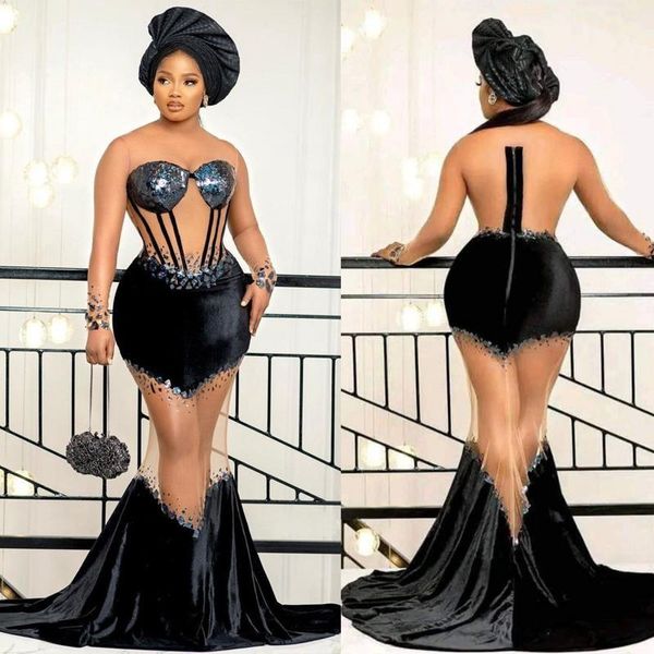 Africano Aso Ebi Vestidos de Baile Luxuoso Sexy Ver Através Vestido de Noite Tule Frisado Mangas Compridas Renda Preta Tule Festa Formal Segunda Recepção Robe de Gala Vestidos