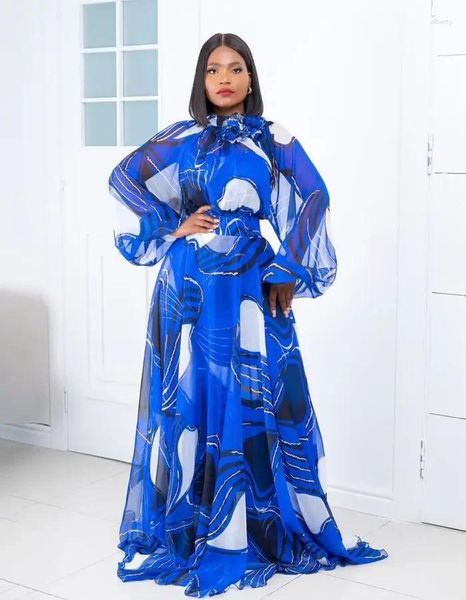 Ethnische Kleidung Dashiki Afrikanische Party Abendkleider für Frauen Sommer Elegantes Langarm O-Ausschnitt Blaues Print Maxikleid