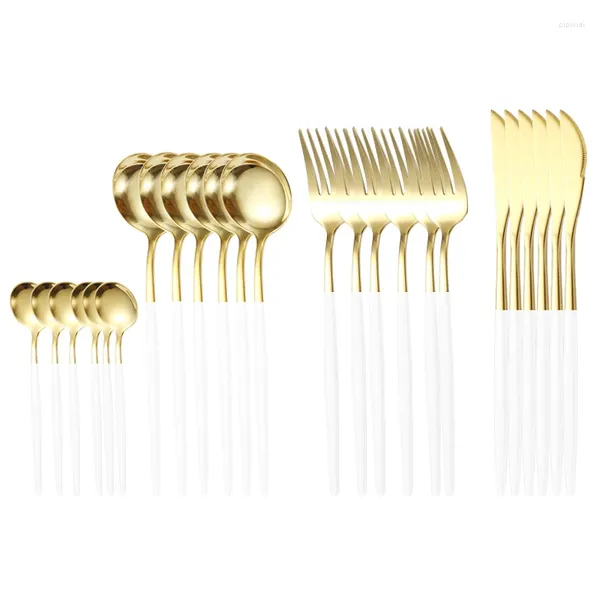 Conjuntos de louça 24 pcs branco ouro talheres conjunto de aço inoxidável casamento talheres garfo faca colher casa restaurante diário