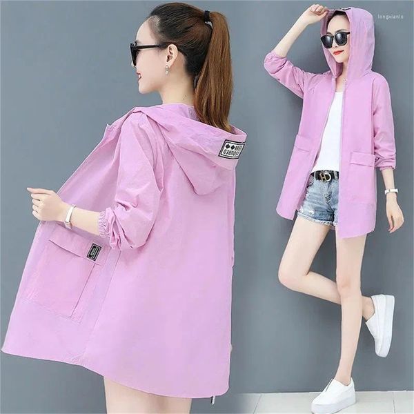 Casacos de Trench das Mulheres Moda Mid-long 2023 Verão Mulheres Roupas Proteção UV Fino Casaco Com Capuz Top Solto Sol Jaqueta Branco Rosa