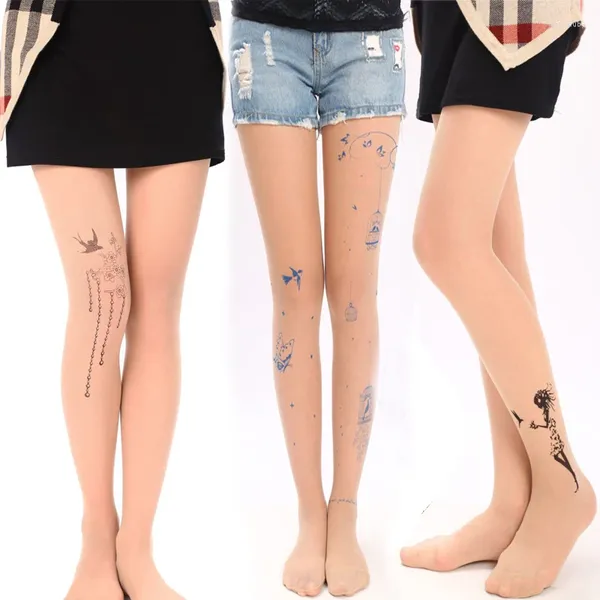 Meias femininas verão sexy collants de veludo tatuagens impressão meia-calça respirável camuflagem tatuagem dos desenhos animados japão fina novidade meias transp