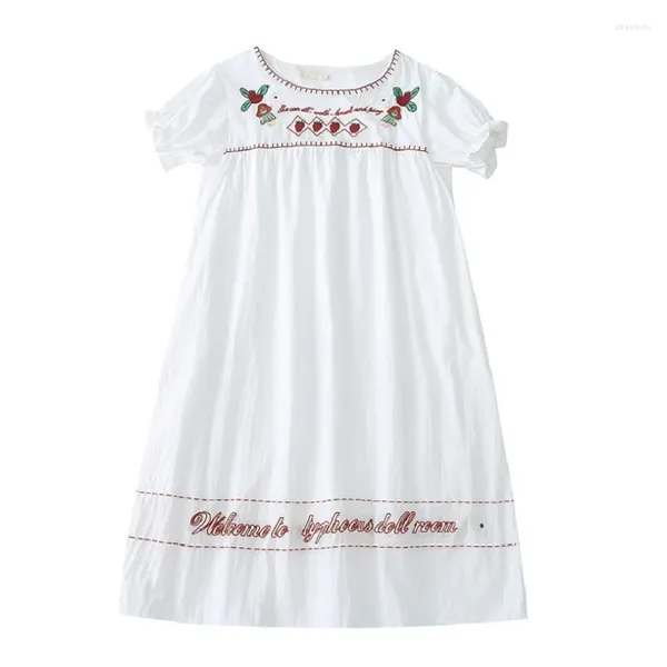 Vestidos de festa doce nicho design feminino algodão branco vestido de manga curta desenhos animados meninas bordado a linha cintura alta estilo preppy y2k