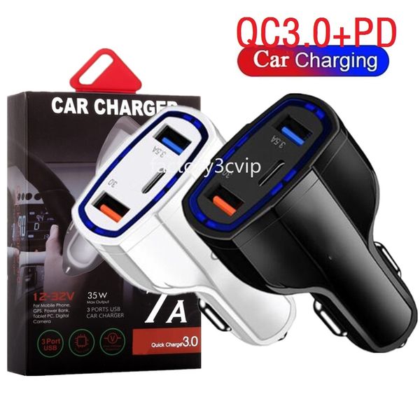 35W 7A Carga rápida PD Carregador de carro Tipo c USB-C 3 portas QC3.0 Carregadores de carro Adaptador de energia para iPhone 14 15 11 12 13 Samsung Lg F1 com caixa de varejo