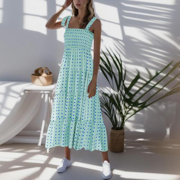 Casual Jurken Resort Stijl Sling Lace-up Gedrukt Lange Jurk 2023 Vrouwen Zomer Strand Boho Vrouwelijke Vakantie Femininos Gewaden