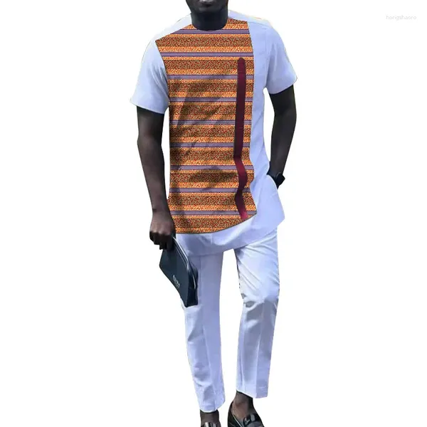 Tute da uomo Camicie a maniche corte Completi Abito da sposo bianco Top patchwork maschile Pantaloni solidi Abiti da cerimonia per matrimoni africani