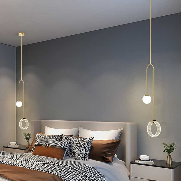 Pendelleuchten Moden Schlafzimmer Nachttisch neue kreative minimalistische Licht Luxus doppelköpfige kleine Kronleuchter Designer lange Linie Lampe AA230407