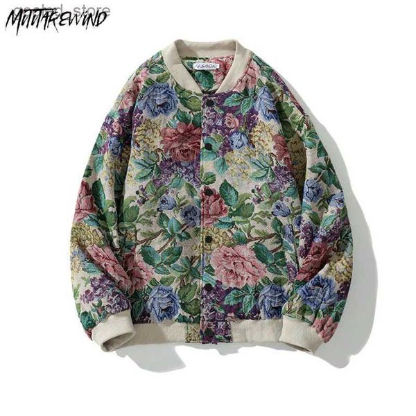 Jaquetas masculinas Homens Baseball Bomber Jaqueta Vintage Estilo Nacional Floral Impresso Varsity Jaqueta Harajuku Retro Oversized Streetwear Botão Casacos Q231110