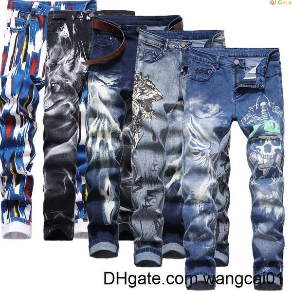 Jeans masculinos Plus Size Size Jeans Men 3D Impressão Digital Estrea calça jeans azul preto calças brancas Men Flacks Flacks 28-34 36 38 40 42 0408H23